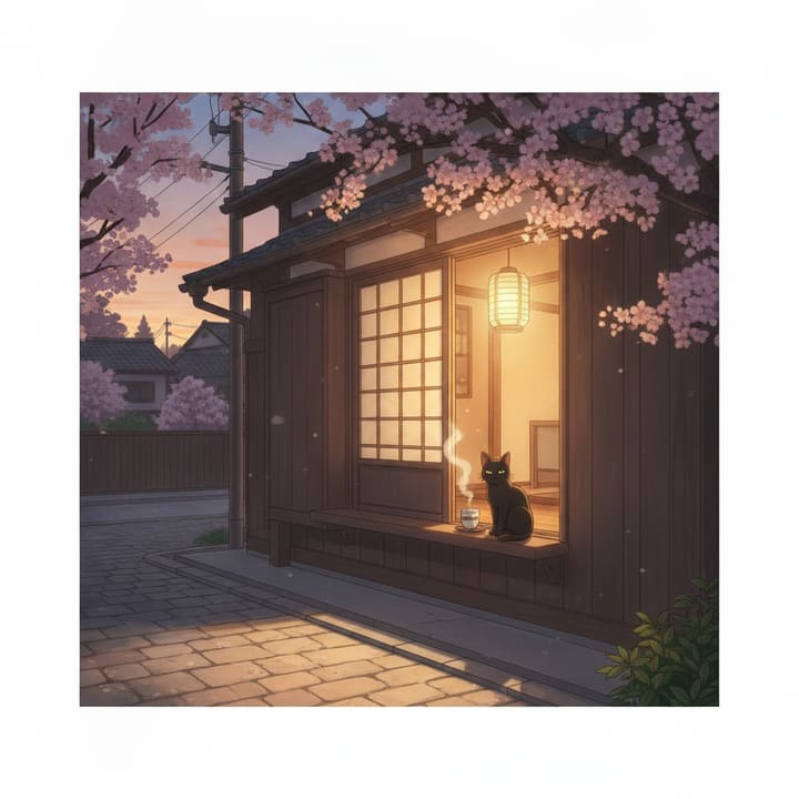 夕暮れの窓辺にともる灯りのイラスト